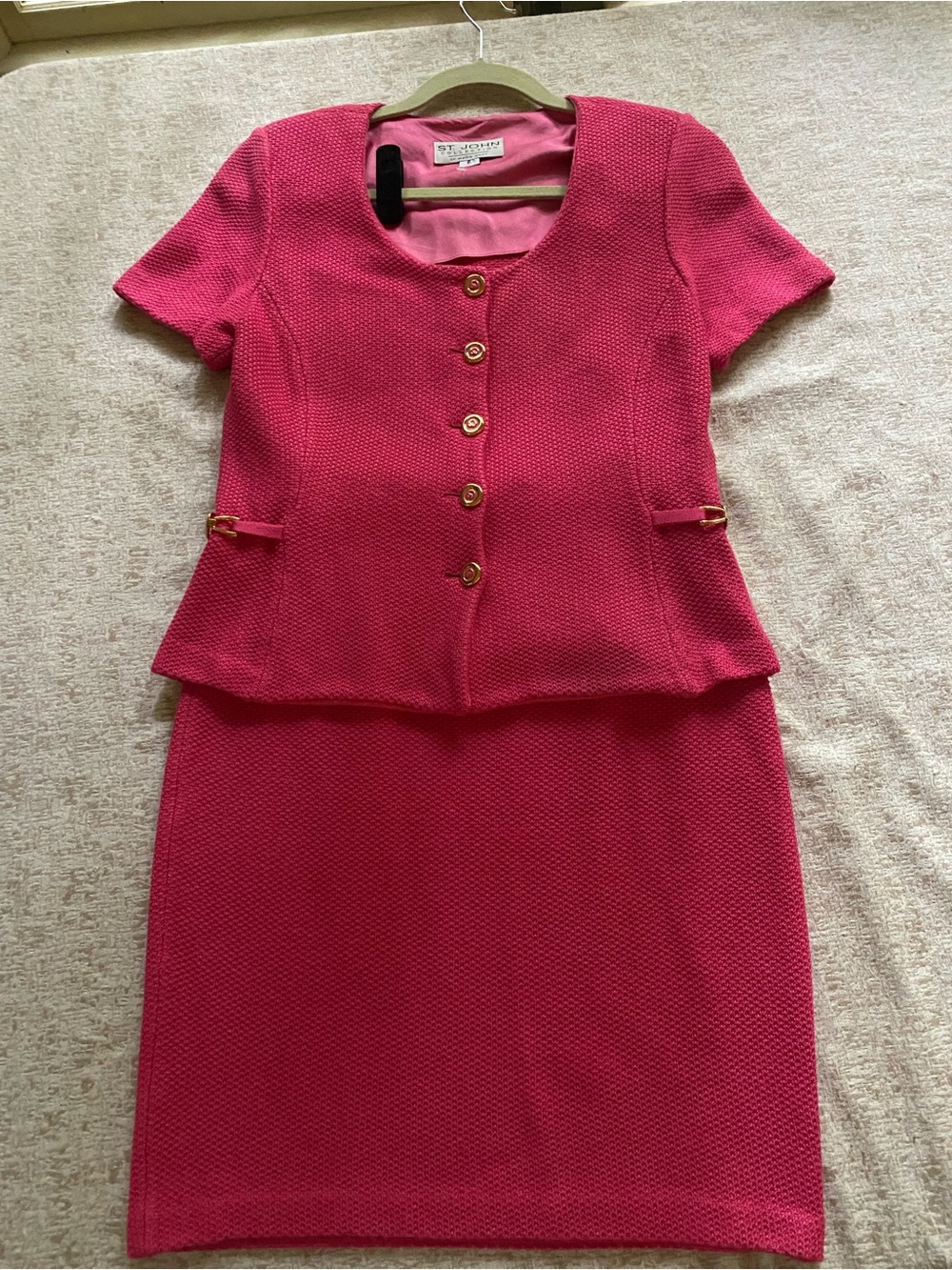 Designer St.John Collection Pink Wool Tweed Two-Piece Skirt Set